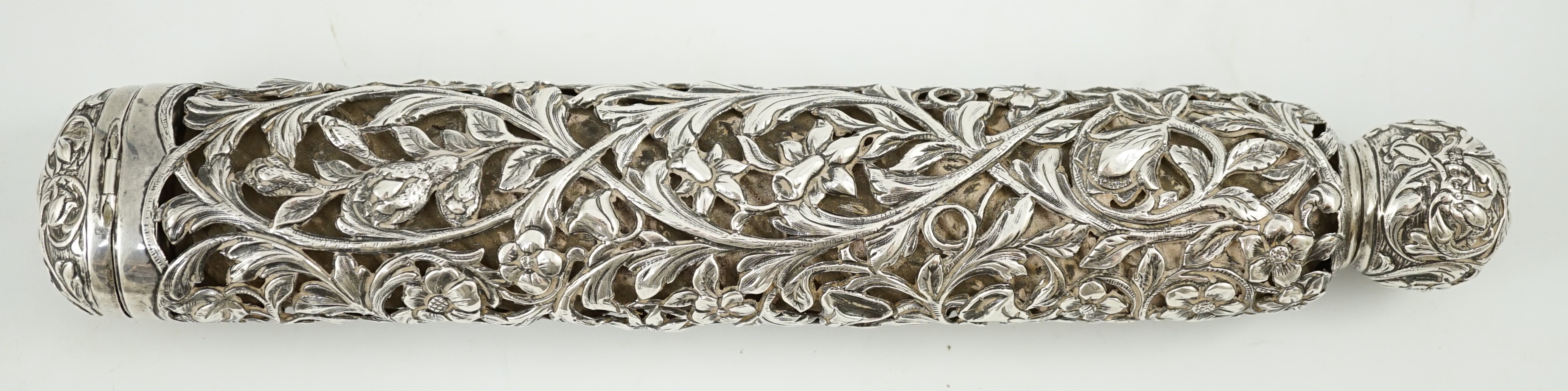 An unusual large late Victorian silver mounted glass combination scent bottle and vinaigrette, by Drew & Sons